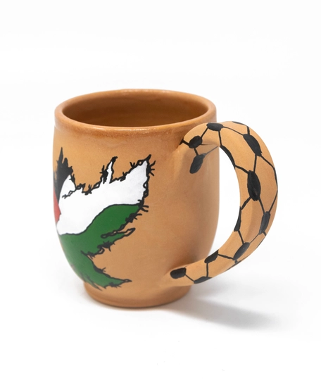 Palestine Flag Cup - Handmade of pottery - Decorated with A Keffiyeh & English Phrase Design 