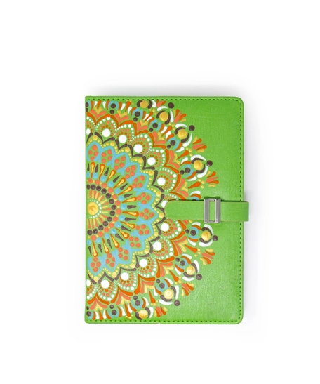 Elegant Notebook with Green Leather Cover - Decorated with Hand-Drawn Mandala Design