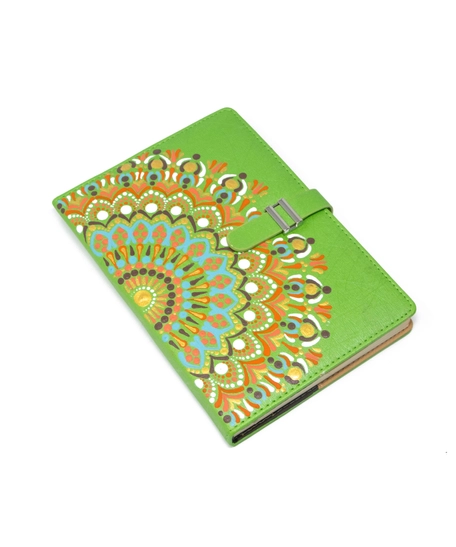 Elegant Notebook with Green Leather Cover - Decorated with Hand-Drawn Mandala Design