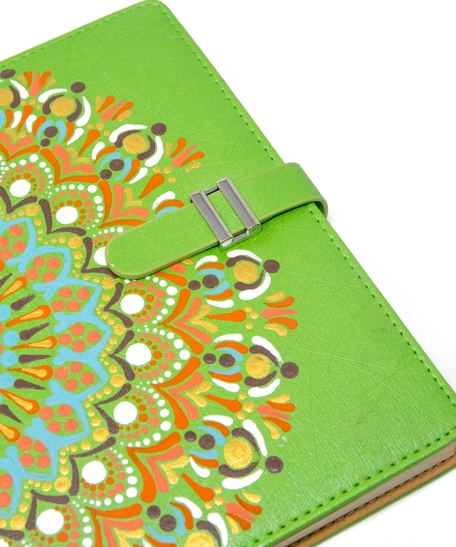 Elegant Notebook with Green Leather Cover - Decorated with Hand-Drawn Mandala Design