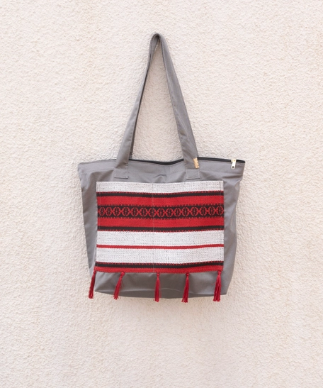 Gray Shopping Bag with Red Bedouin Design - Sadu Fabric