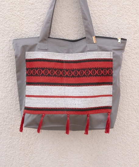 Gray Shopping Bag with Red Bedouin Design - Sadu Fabric