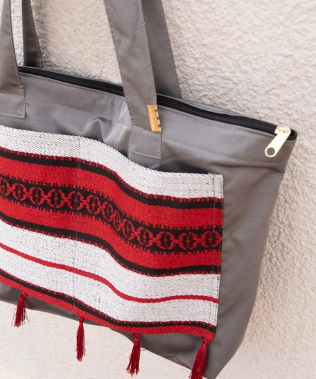 Gray Shopping Bag with Red Bedouin Design - Sadu Fabric