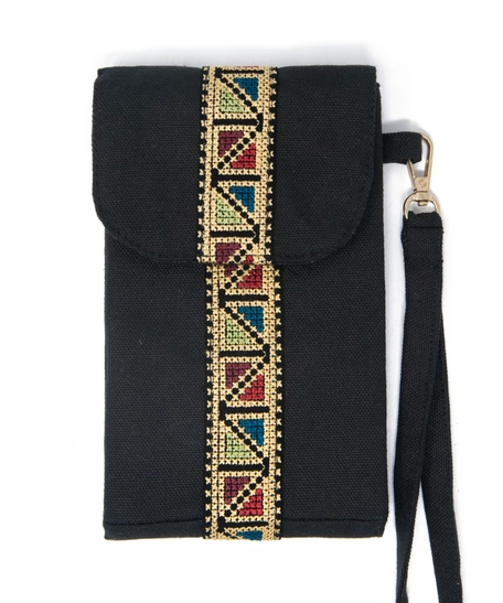 Black Wallet with Two Pockets Adorned with Elegant Hand Embroidery