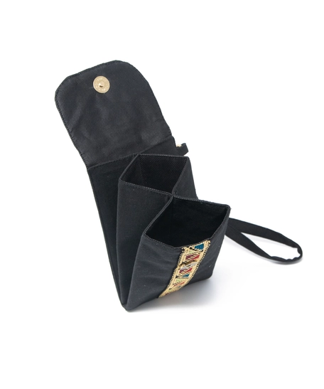 Black Wallet with Two Pockets Adorned with Elegant Hand Embroidery