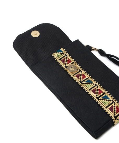 Black Wallet with Two Pockets Adorned with Elegant Hand Embroidery