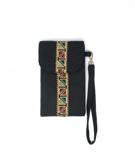 Black Wallet with Two Pockets Adorned with Elegant Hand Embroidery