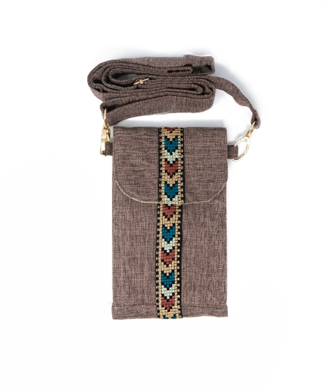 Women's Beige Two-Pocket Small Crossbody Bag - Adorned with Hand-Embroidery