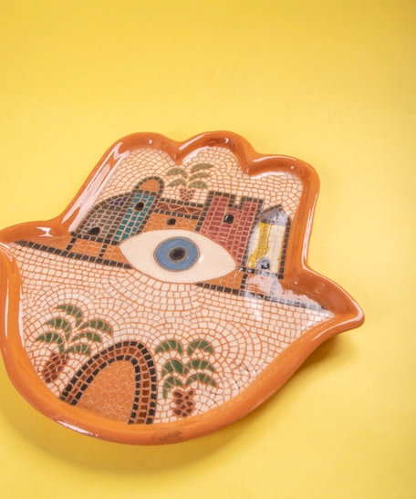 Brown Serving Plate with Hamsa - Fatima Palm Design - Adorned with Mosaic Details