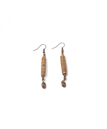 Long Dangling Copper Earring with Engraved Wooden Bead