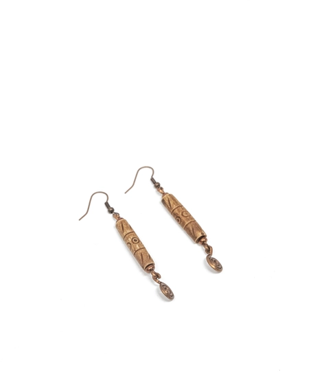 Long Dangling Copper Earring with Engraved Wooden Bead