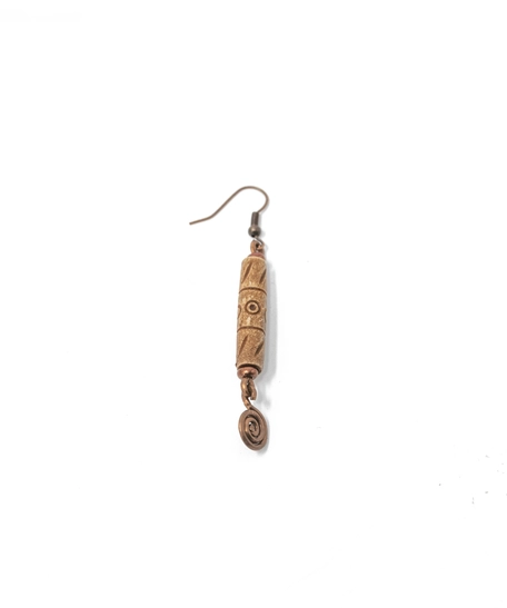 Long Dangling Copper Earring with Engraved Wooden Bead