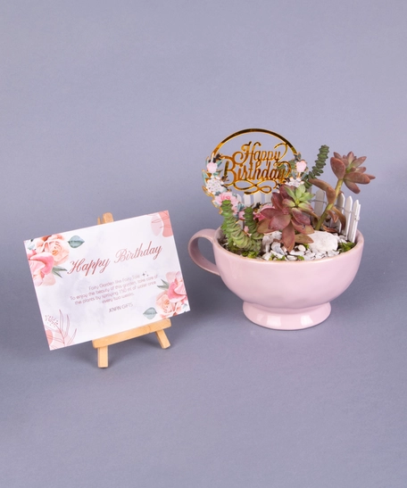 Special Birthday Gift: Pink Plant Pot with Fairy Garden Figure and Birthday Card