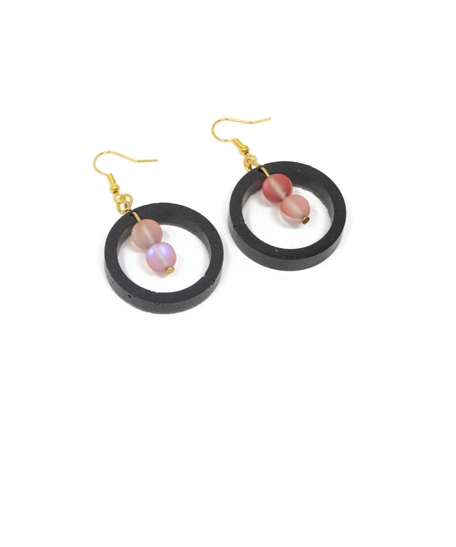 Circular Elegant Dangling Earring: Black Ring with Shiny Colored Beads