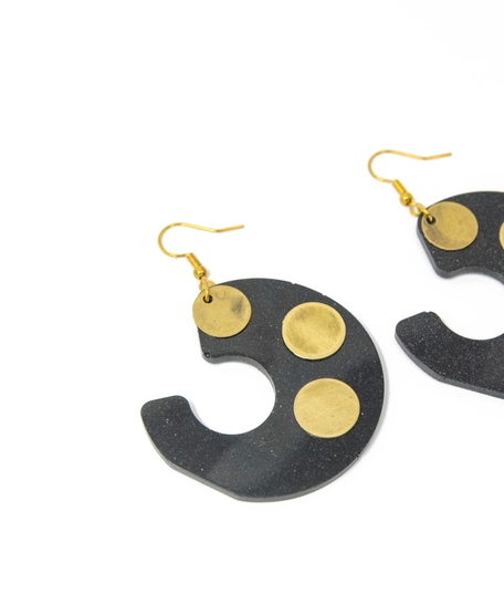 Large Black & Gold Dangling Swirl Earrings