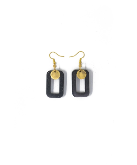 Black Dangling Earring Rectangular Design Adorned with Golden Circular Pieces