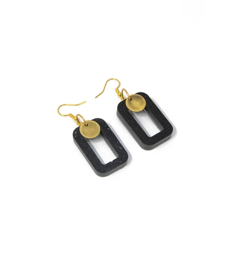 Black Dangling Earring Rectangular Design Adorned with Golden Circular Pieces