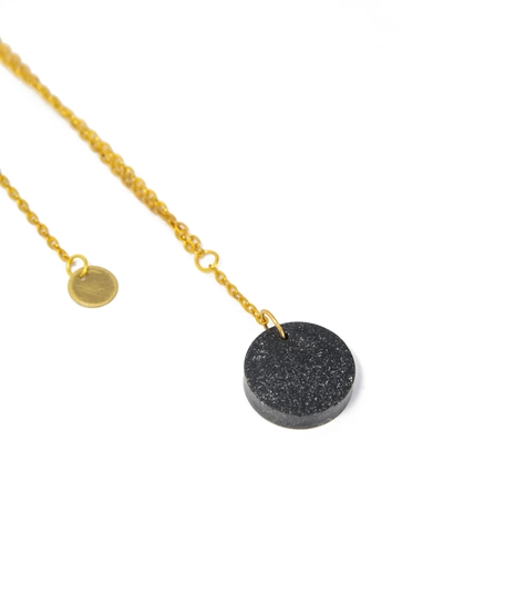 Long Golden Necklace with Circular Shiny Black Pendant