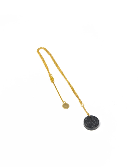 Long Golden Necklace with Circular Shiny Black Pendant