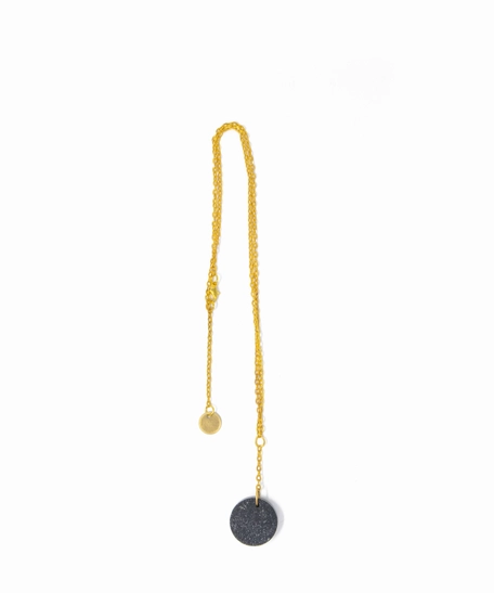 Long Golden Necklace with Circular Shiny Black Pendant