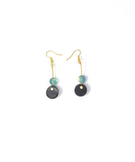 Stylish Earrings: A Drop Earring with A Blue Bead and A Shiny Round Black Stone