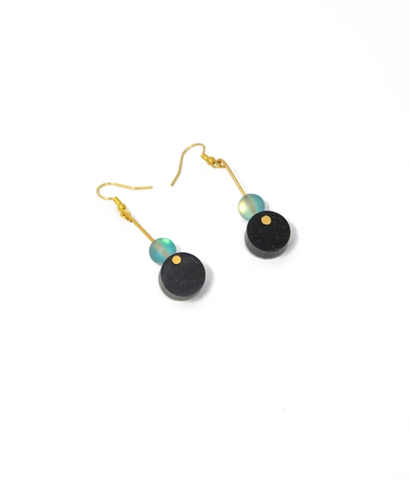 Stylish Earrings: A Drop Earring with A Blue Bead and A Shiny Round Black Stone