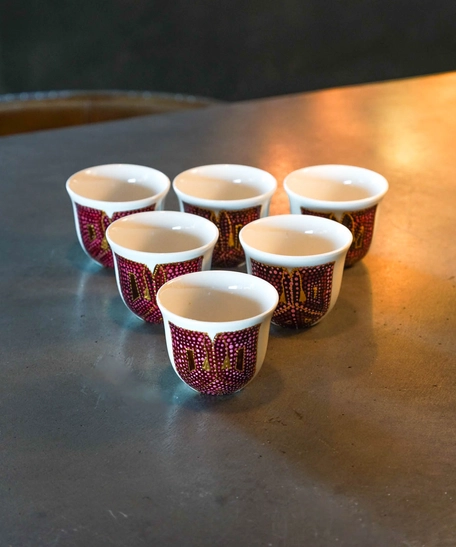 Set of 6-piece Arabic Coffee Cups - Decorated with Traditional Arabic Clothing Designs - Available in 2 Designs - Design 1