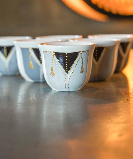 Set of 6-piece Arabic Coffee Cups - Decorated with Traditional Arabic Clothing Designs - Available in 2 Designs - Design 1