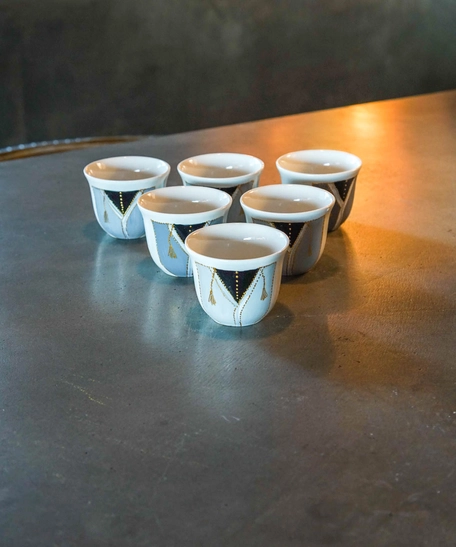 Set of 6-piece Arabic Coffee Cups - Decorated with Traditional Arabic Clothing Designs - Available in 2 Designs - Design 1