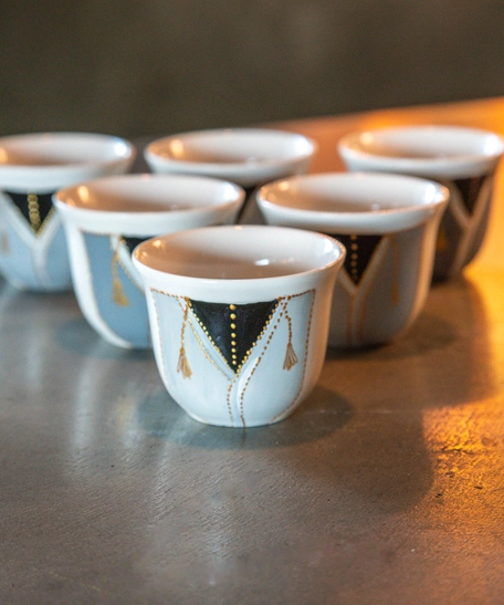 Set of 6-piece Arabic Coffee Cups - Decorated with Traditional Arabic Clothing Designs - Available in 2 Designs - Design 1