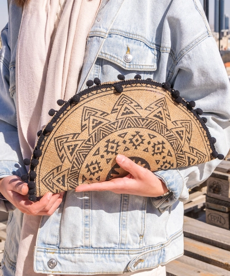 Bohemian-Style Clutch Bag in Beige and Black