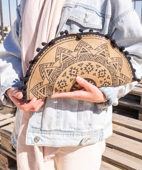 Bohemian-Style Clutch Bag in Beige and Black