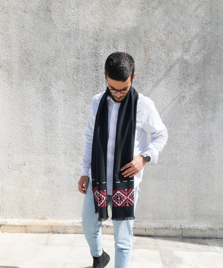 Black Men's Scarf Decorated with Elegant Traditional Red Hand Embroidery 