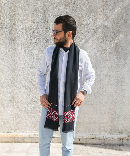 Black Men's Scarf Decorated with Elegant Traditional Red Hand Embroidery 