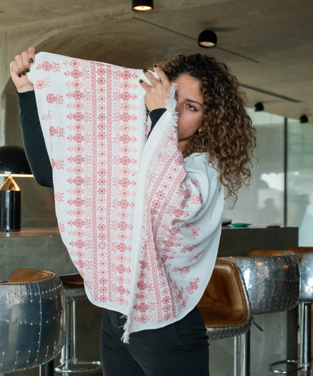 White Peasant Shoulder Shawl Decorated with Traditional Red Hand-Embroidery