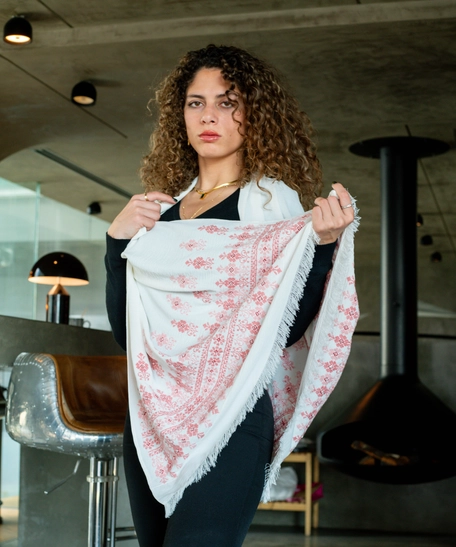 White Peasant Shoulder Shawl Decorated with Traditional Red Hand-Embroidery