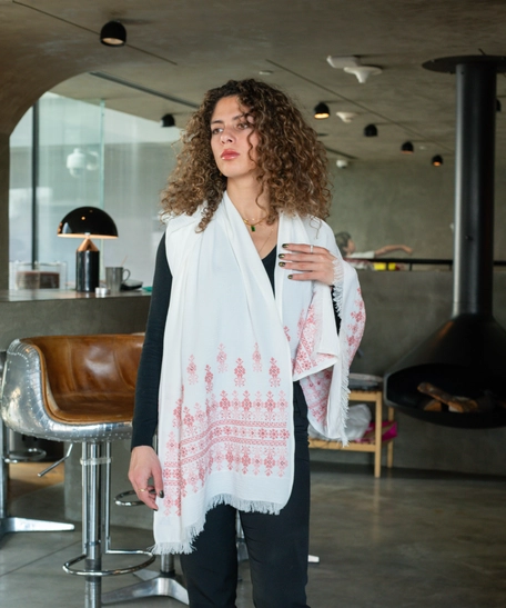 White Peasant Shoulder Shawl Decorated with Traditional Red Hand-Embroidery