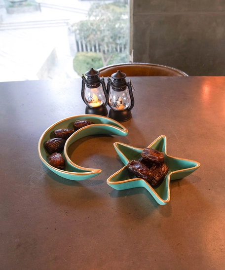 Set of Green Dates Serving Plates with Ramadan Crescent & Star Design 