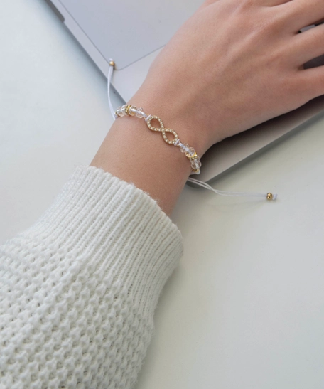 White Infinity Bracelet - Handmade of Adjustable String - Decorated with Beads