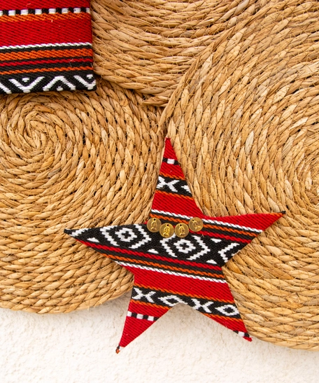Ramadan Decorations - Heritage Wall Decor Handmade from Straw & Red Sadu Fabric