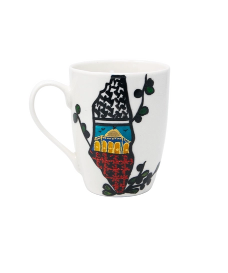 White Ceramic Mug Design with Palestinian Map and Al-Aqsa Mosque!