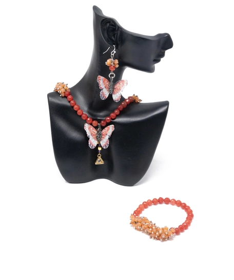Elegant Butterfly Set - Handmade Orange Beaded Butterfly Earrings with Chain and Bracelet
