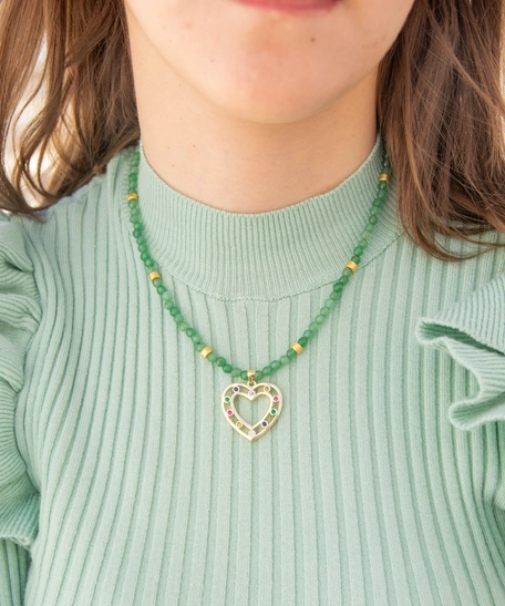 Handmade Set of Necklace , Bracelet and Earring Made of Bright Green Beads and Decorated with A Golden Heart Design