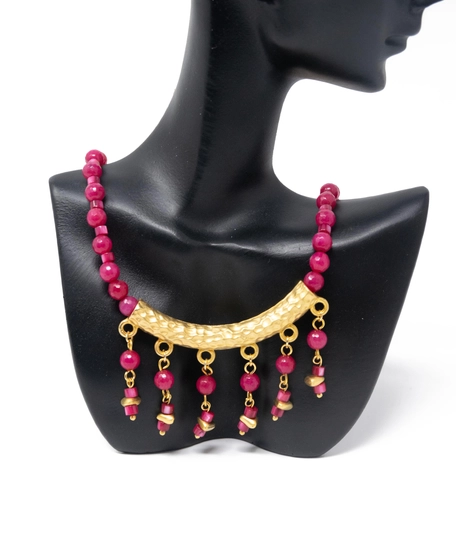 Modern Accessory Set in Fuchsia and Gold Color - Consisting of a Necklace, Earring and Bracelet Made of Small Round Beads