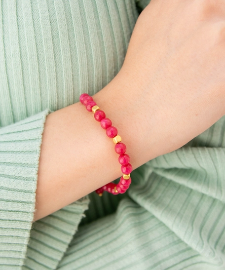 Modern Accessory Set in Fuchsia and Gold Color - Consisting of a Necklace, Earring and Bracelet Made of Small Round Beads