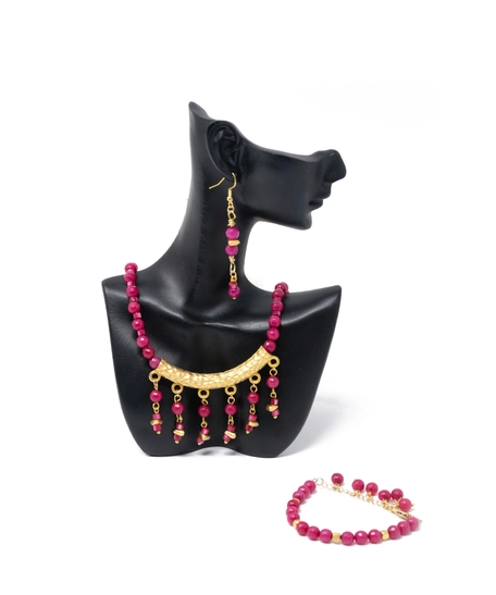 Modern Accessory Set in Fuchsia and Gold Color - Consisting of a Necklace, Earring and Bracelet Made of Small Round Beads
