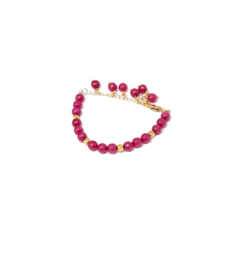 Modern Accessory Set in Fuchsia and Gold Color - Consisting of a Necklace, Earring and Bracelet Made of Small Round Beads