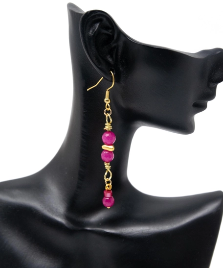 Modern Accessory Set in Fuchsia and Gold Color - Consisting of a Necklace, Earring and Bracelet Made of Small Round Beads