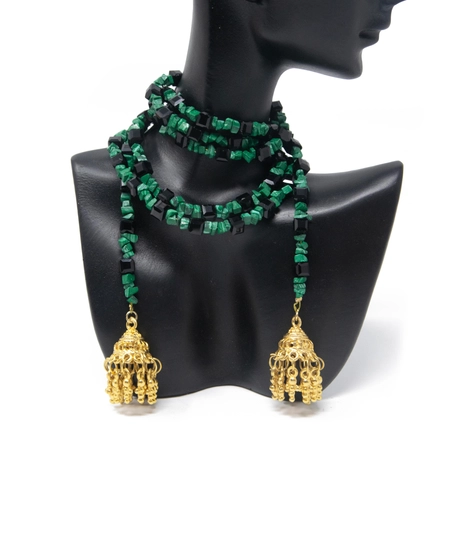 Elegant Accessory Set Consisting of Earring, Necklace , and two Bracelets Handcrafted from Green and Black Stones