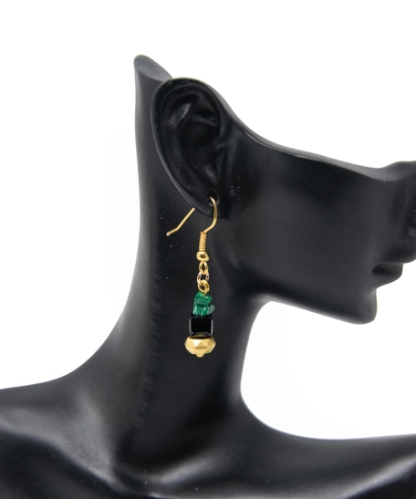 Elegant Accessory Set Consisting of Earring, Necklace , and two Bracelets Handcrafted from Green and Black Stones